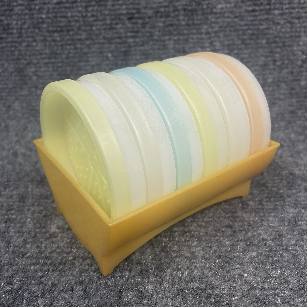 Tupperware Wagon Wheel Coasters Set of 6 Pastel Caddy Holder #567 USA Vintage